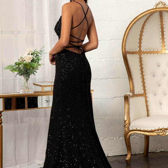 BLACK PARTY Sheer Bodice Sleeveless V-Neck Sequin Prom Dress LEG